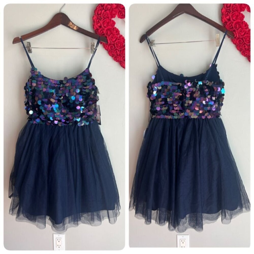 City Studio Juniors' Embellished Mesh Fit Flare Dress Sz 11/12 Navy Blue Sequins